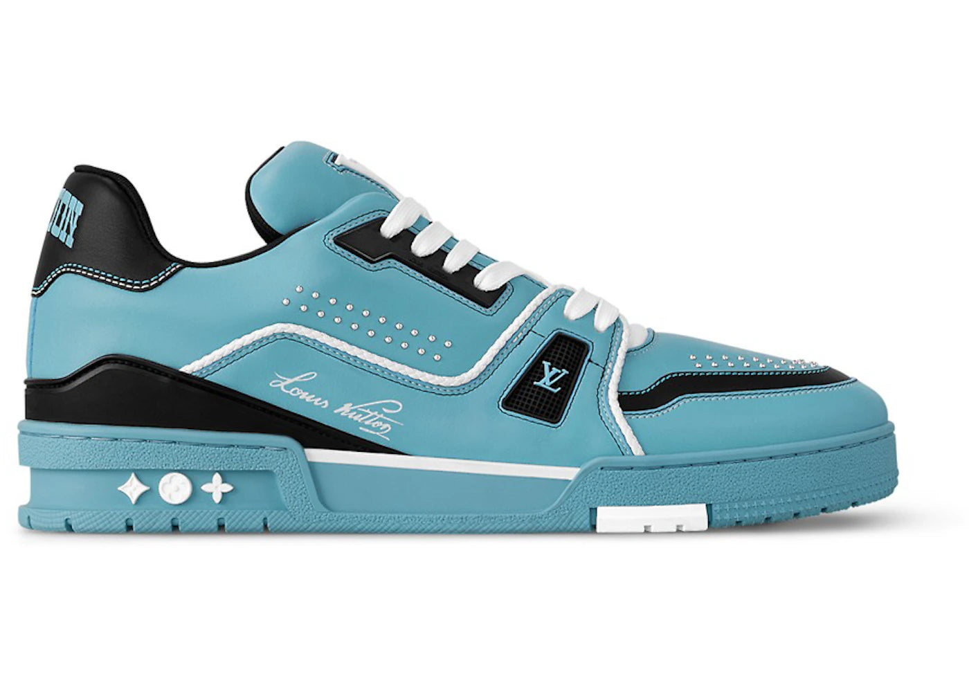 Louis Vuitton LV Trainer sneaker in the Teal Blue Black colorway.