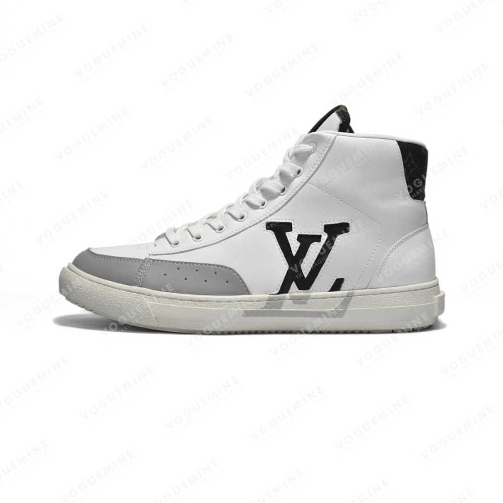 Louis Vuitton Charlie high-top sneaker in white leather with a grey toe cap and black accents.