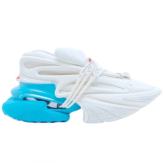 Balmain Unicorn low-top sneakers in white and blue, known for their distinctively bold, architectural design and unique sole structure.