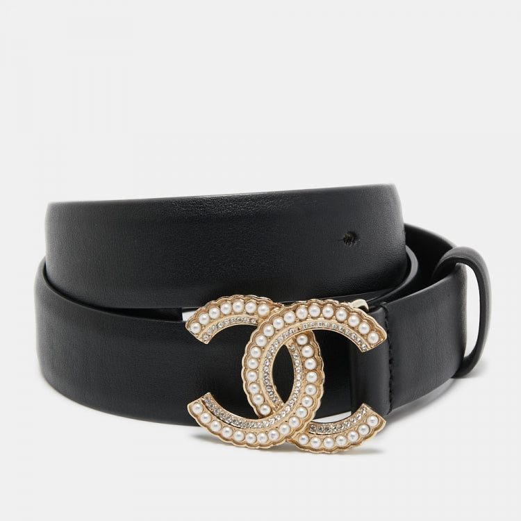 Chanel Black Leather Faux Pearl Embellished CC Buckle Belt 70 CM.