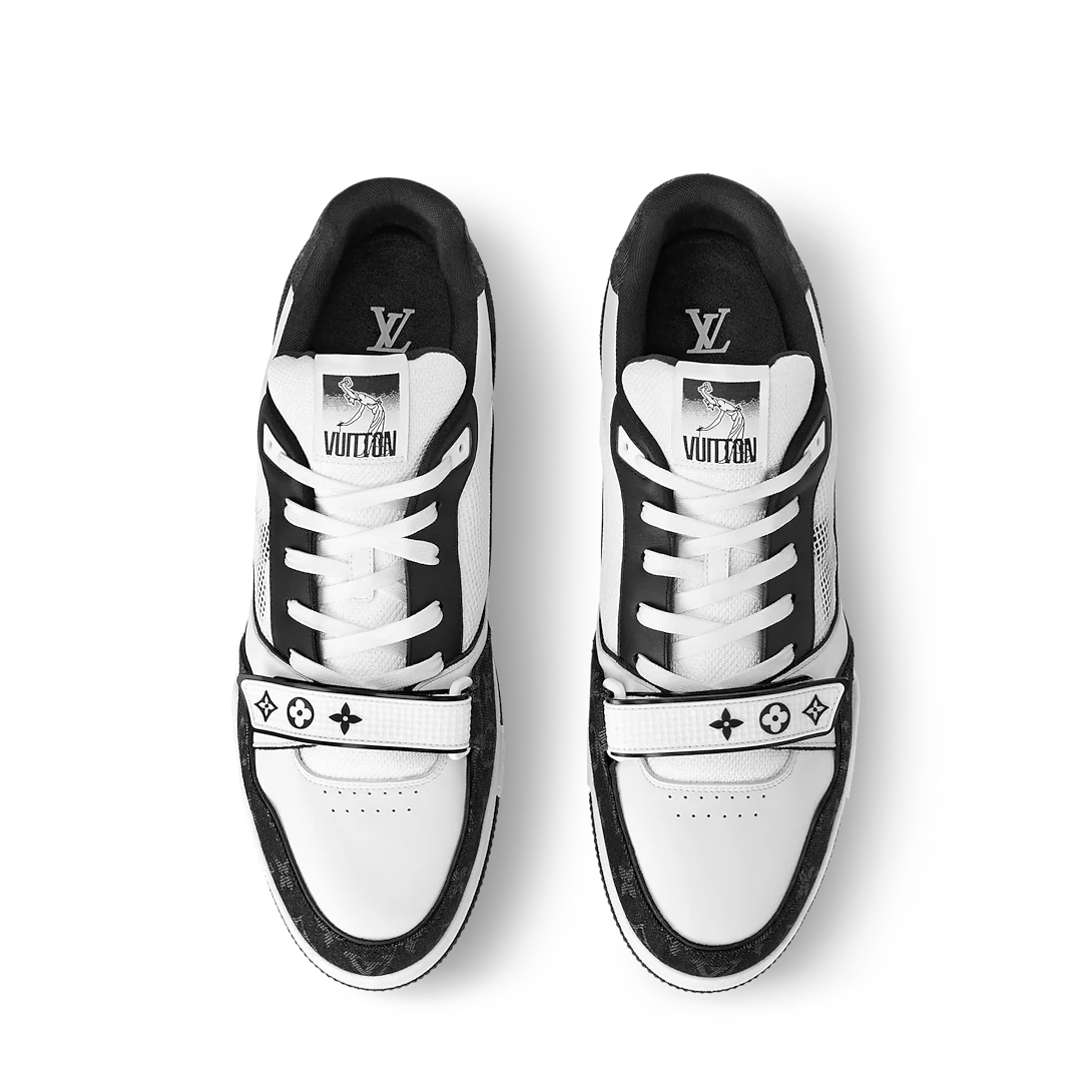 Louis Vuitton LV Trainer sneakers in a black and white colorway.