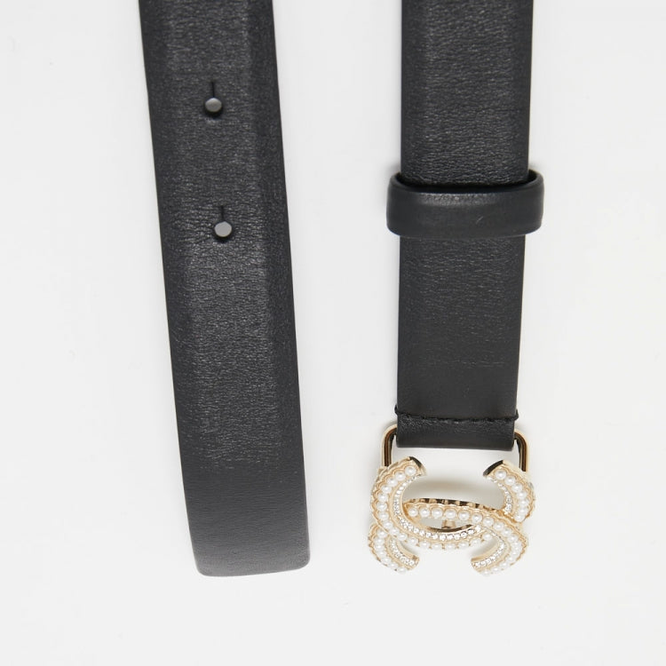 Chanel Black Leather Faux Pearl Embellished CC Buckle Belt 70 CM.